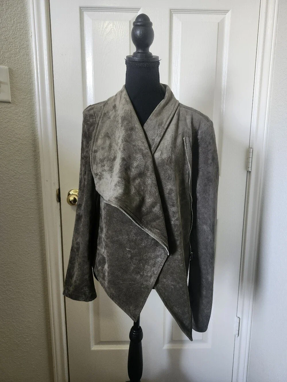 Lulu's Taupe Gray Suede-Look Asymmetrical Draped Jacket